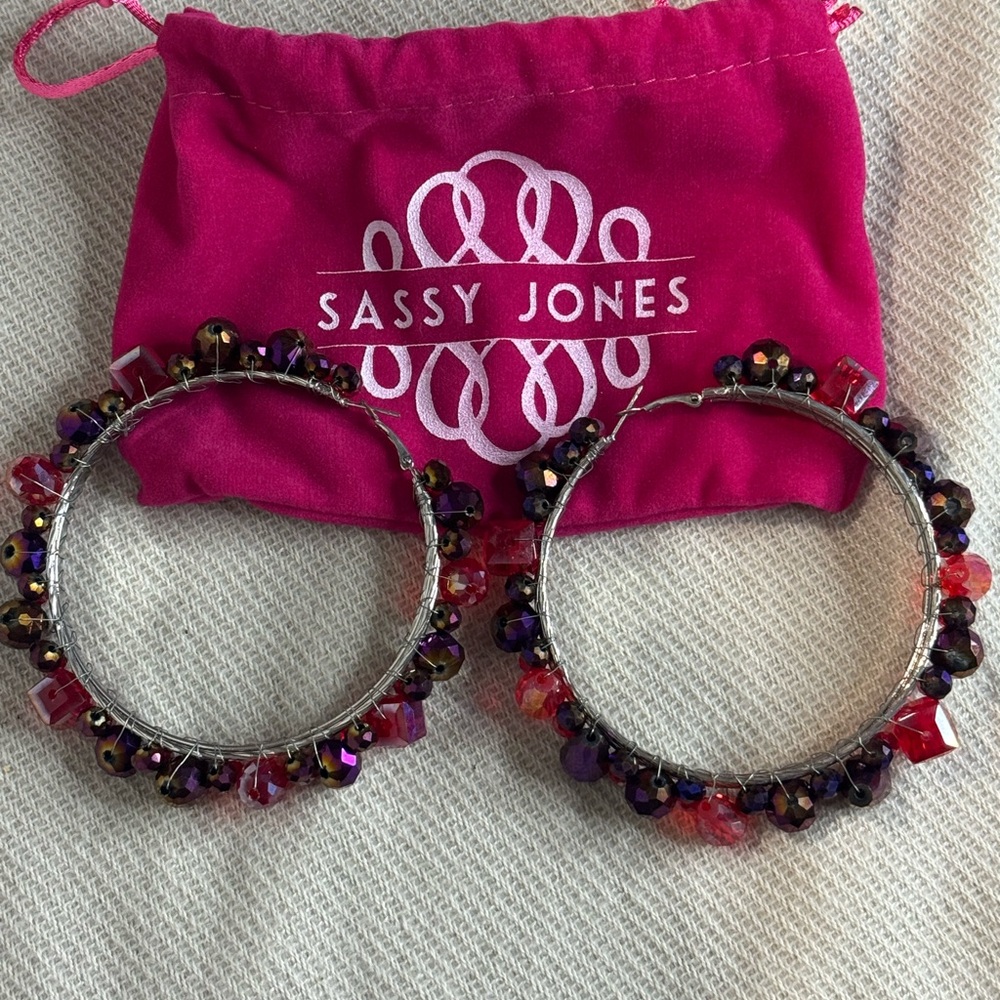 Sassy Jones Rochinda Jeweled Hoops Red